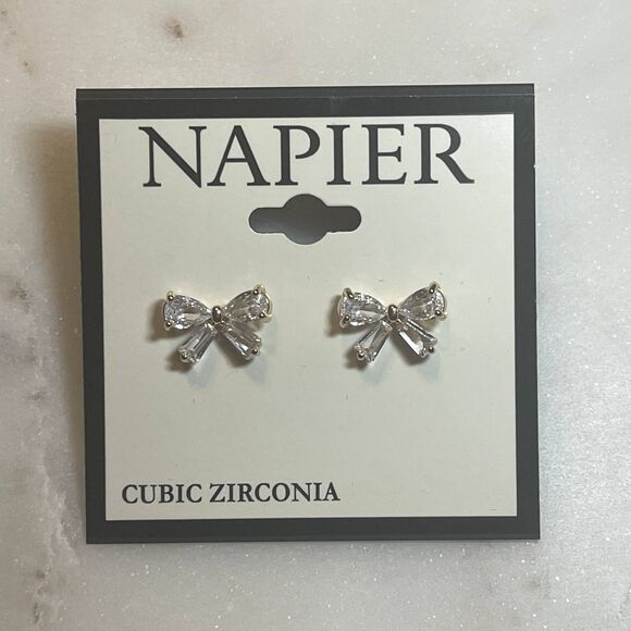 Napier Gold Tone Crystal Bow Stud Earrings - Picture 2 of 4